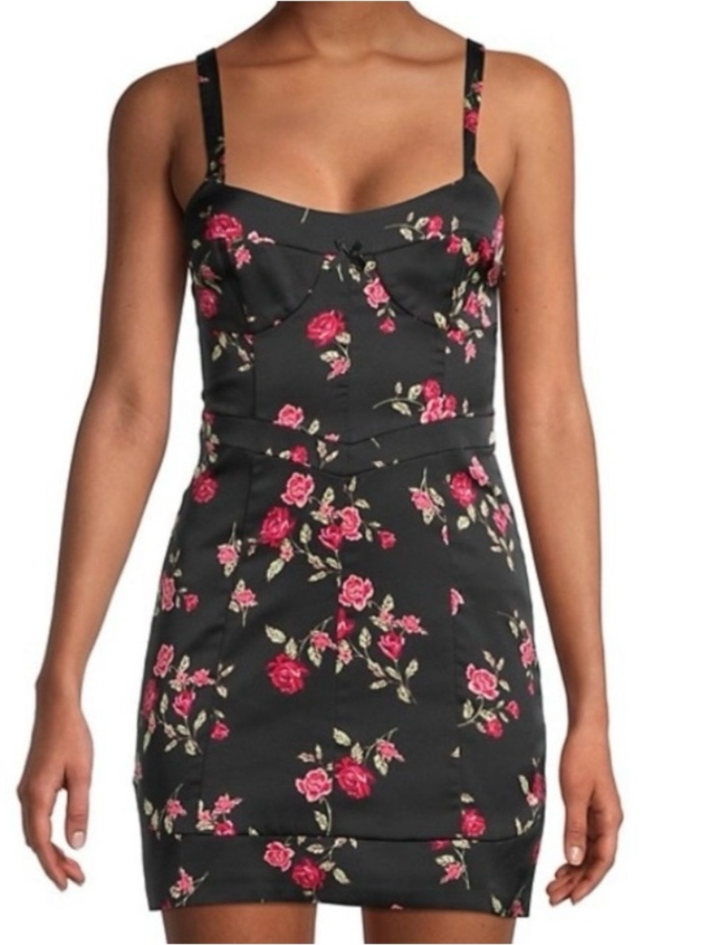 For Love & Lemons Mini Dress Cassidy Satin Black Floral Rose Women’s Size XS